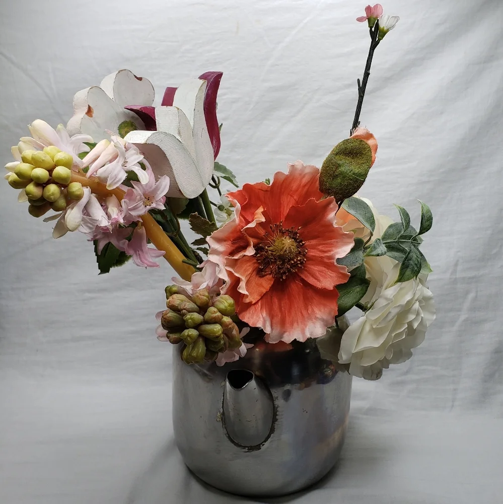 Vintage Upcycled Silver Kettle Floral Arrangement Whimsical Cottage